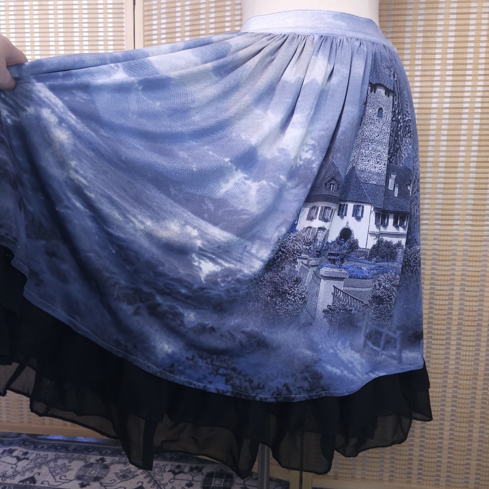 Unique Romantic Cottage Castle Themed Full Circle Skirt, Blue & Black Petticoat